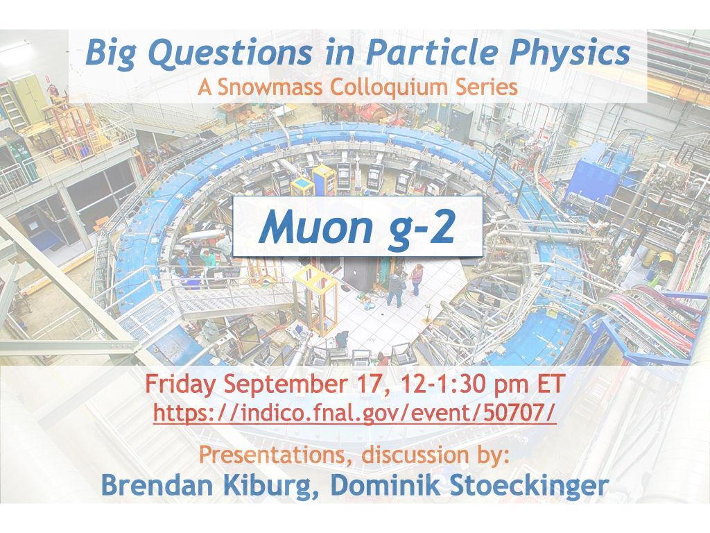 Promotional graphic for the Big Questions in Particle Physics colloquium on muon g-2: Friday, September 17, 12–1:30 pm ET, over a photo of the Muon g-2 storage ring.