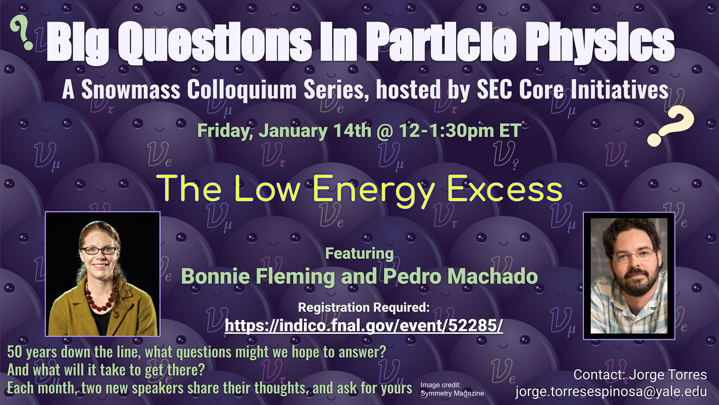 Promotional graphic for the Big Questions in Particle Physics colloquium on the low-energy excess, hosted by SEC Core Initiatives: Friday, January 14, 12–1:30 pm ET, registration required, with photos of both speakers.